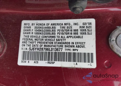 2006 Honda Element Ex-P from USA, damaged, VIN 5J6YH28796L013677
